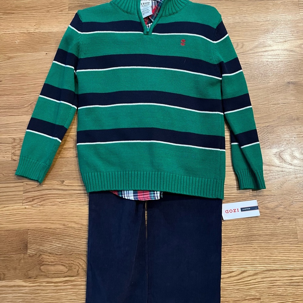 NWT boys IZOD 3 piece outfit, including pants, shirt and sweater, size 7